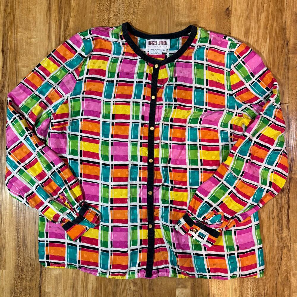 Vintage Maggy London Silk Blouse Women’s 14 Vibrant Modernist Geometric Jacquard